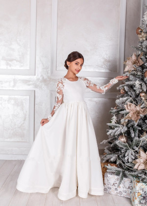Long Sleeves Ivory Lace Satin Beaded Flower Girl Dress
